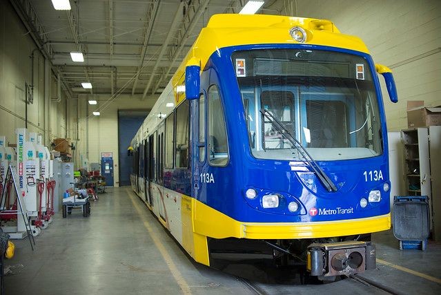 Image of Metro Transit rail car in shop