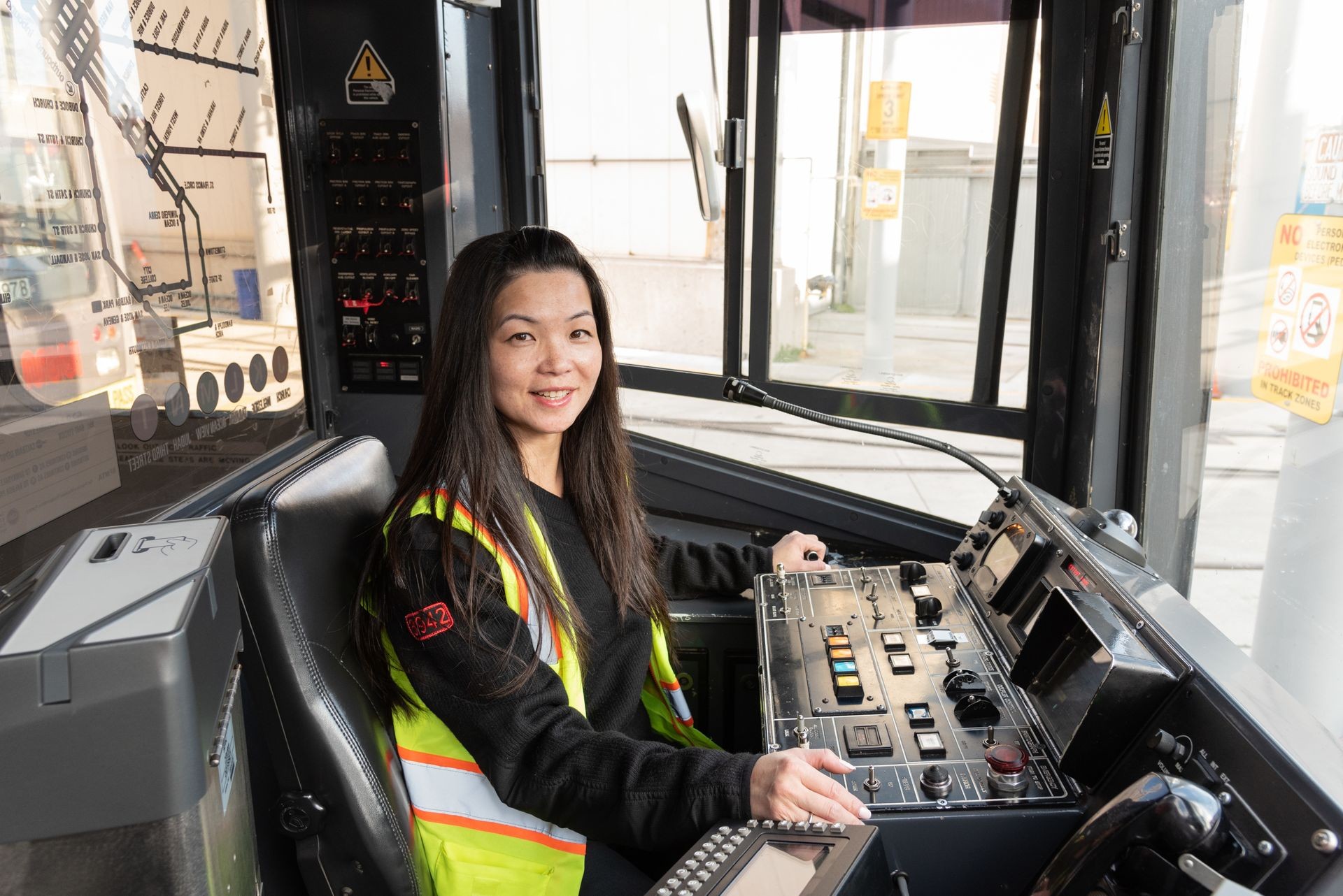 Female operator of rail car