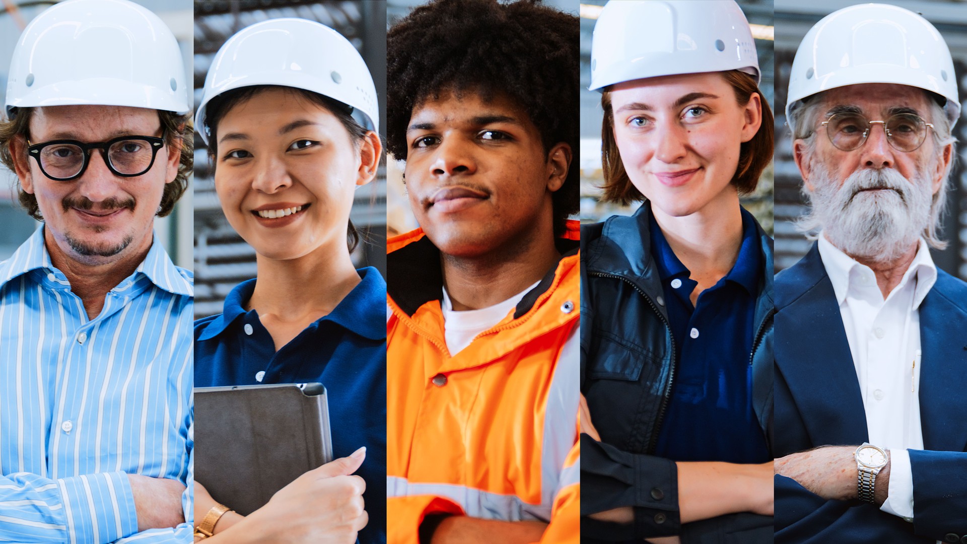 Multi split screen collage portrait of group of industrial workers